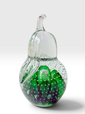 St. Clair Art Glass Controlled Bubbles Green Pear Paperweight Art Object